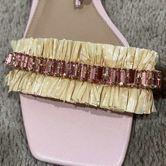 New Anthropologie Embellished Tie Up Raffia Jeweled Square Toe Sandals Size 7 - Picture 7 of 8
